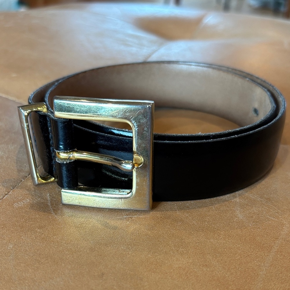 Brooks Brothers Black Patent Leather Belt with Gold Buckle